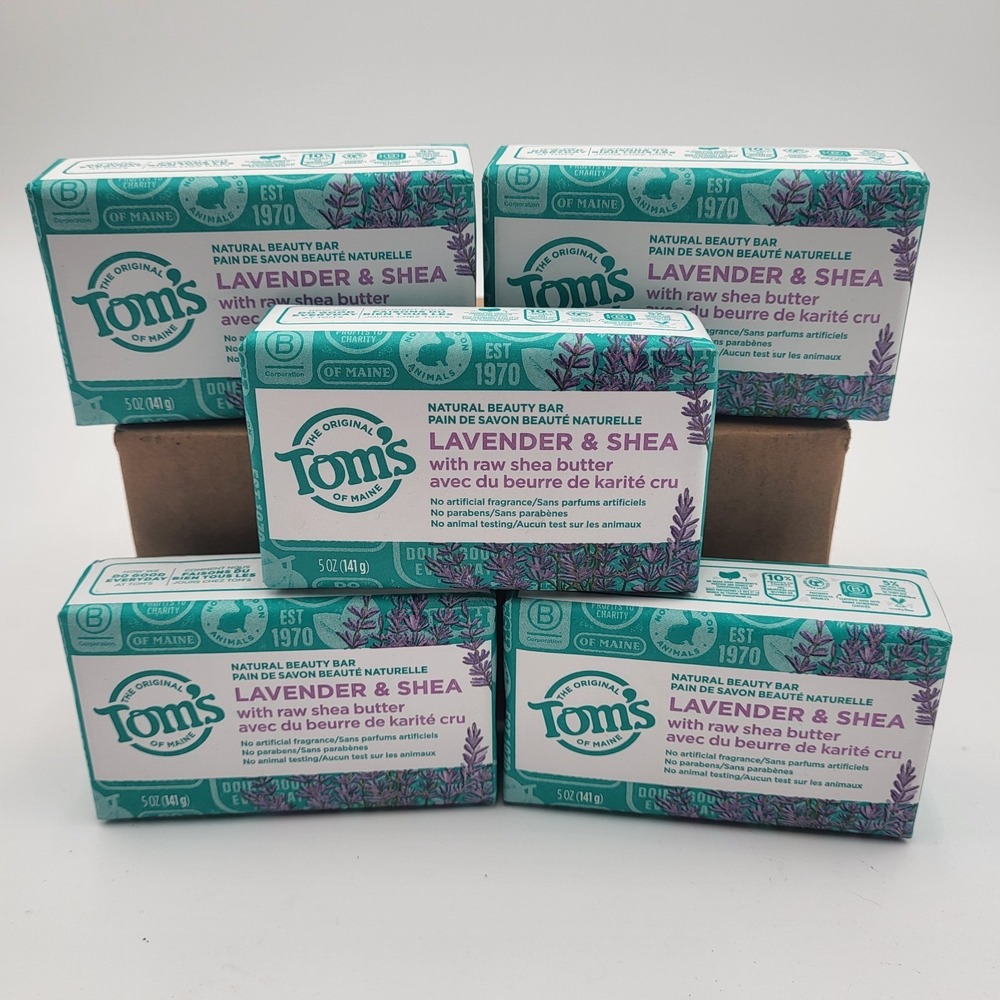 Set of 5 Tom's of Maine Lavender & Shea Natural Beauty Bar‎ Soap 5oz